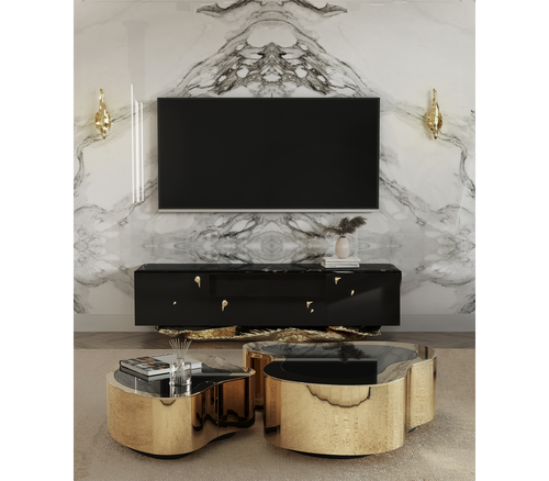 Luxury Black Gold Media Console with Marble Top & Hidden Storage