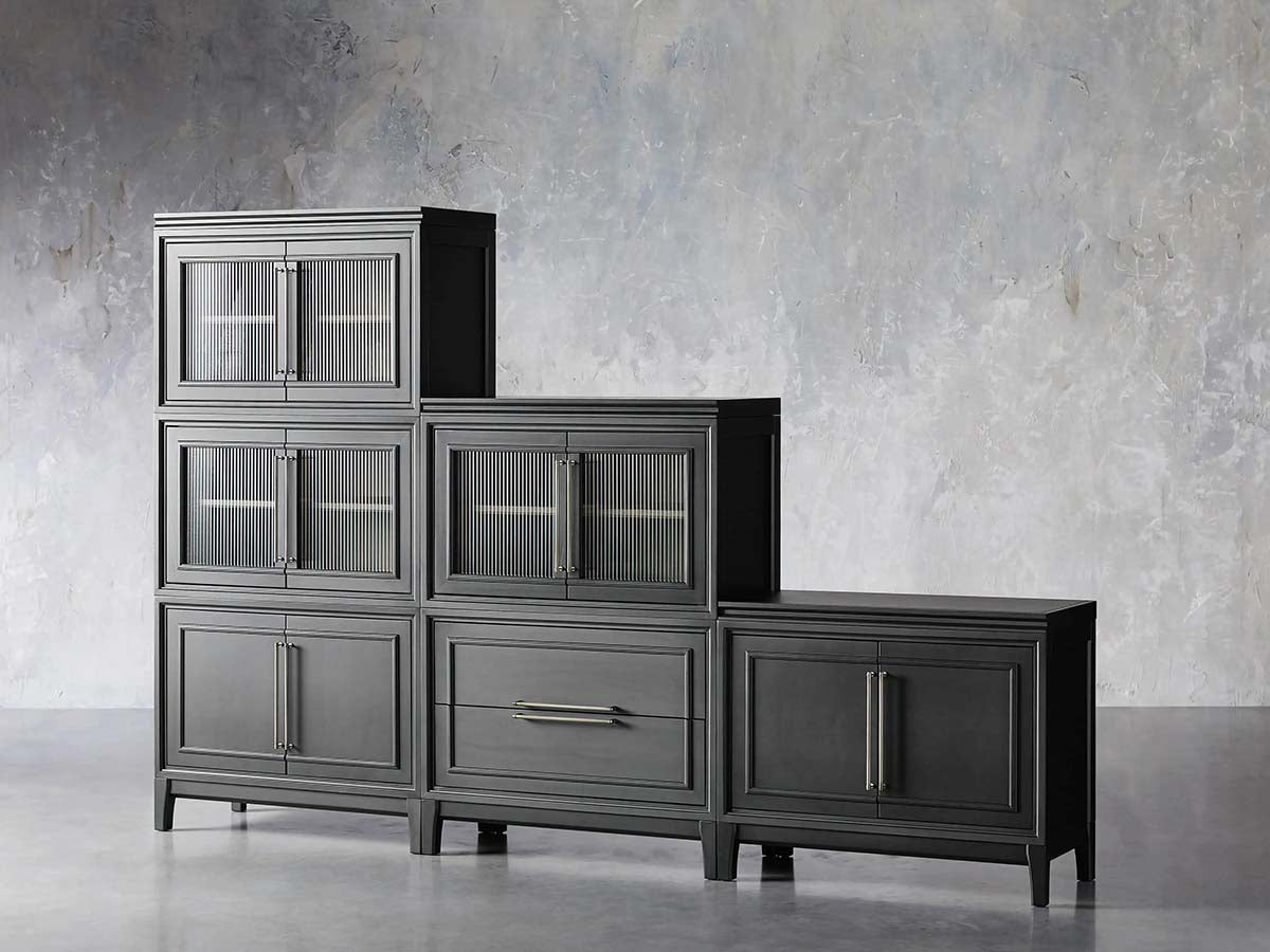 Rowan Modular Wall Unit Storage System Wood Tall Display Cabinet with Reeded Glass Doors