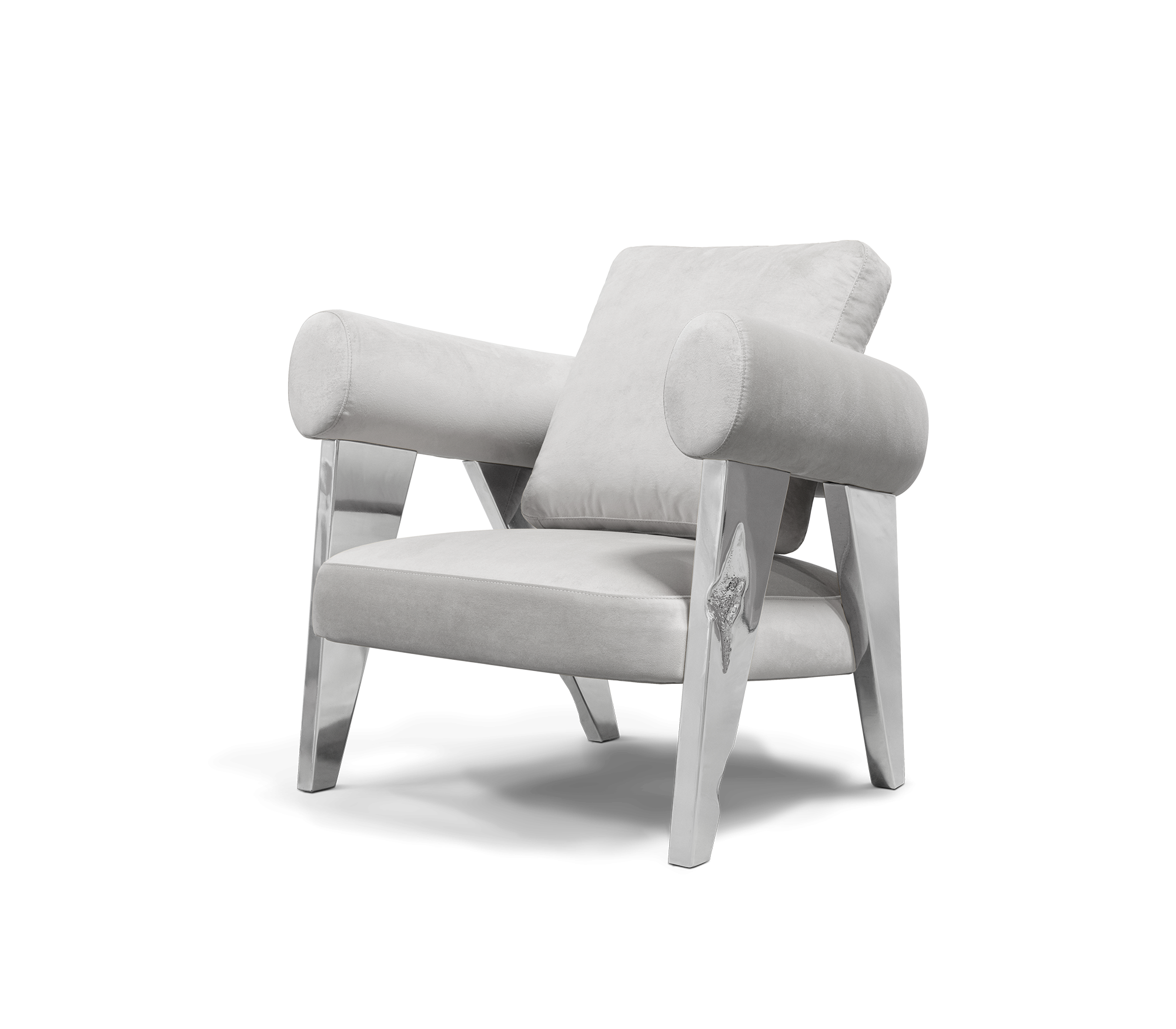 Luxury Sculptural Armchair with Polished Hammered Brass Legs & Curved Upholstery Design