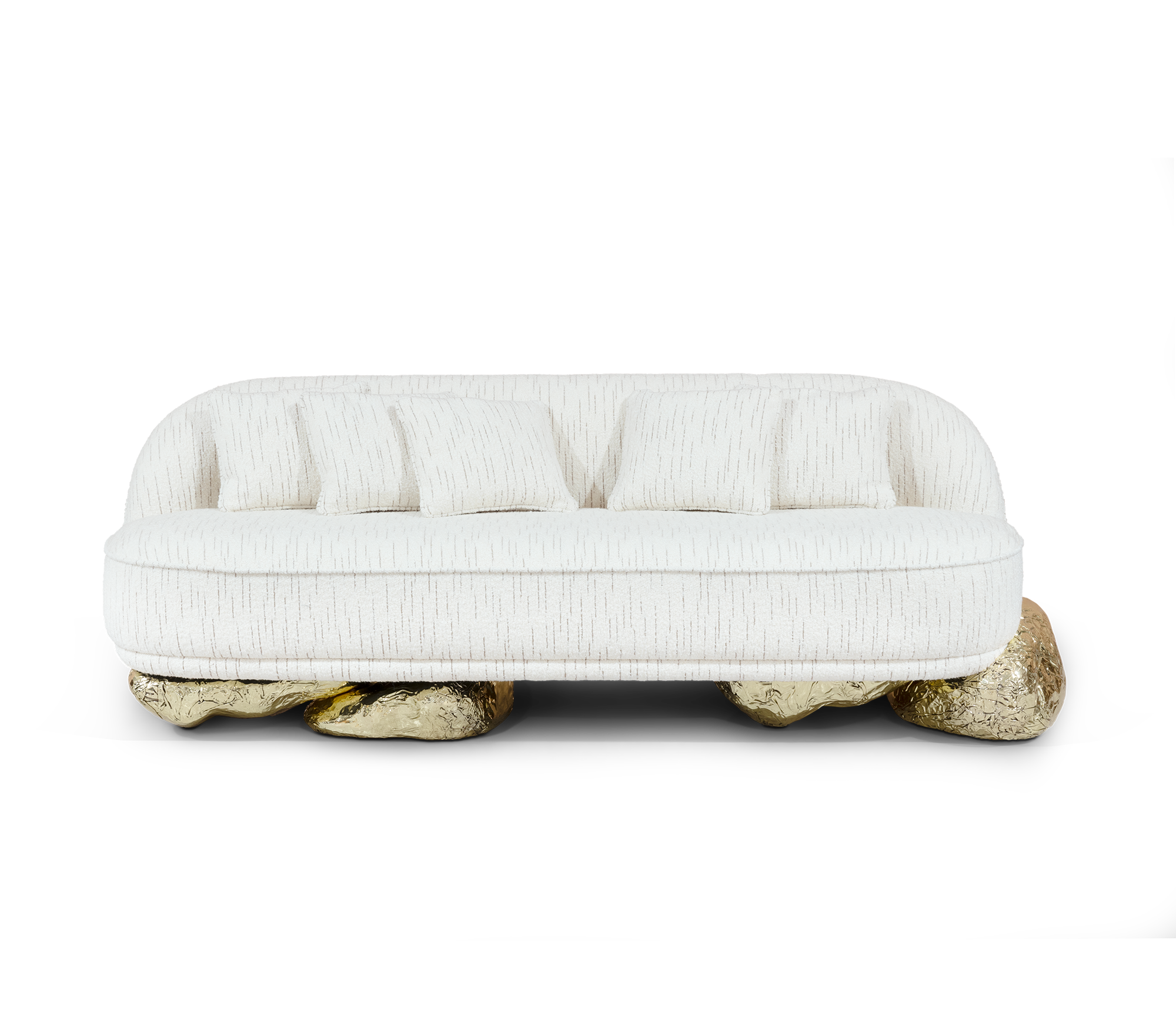 Luxury Sculptural Sofa with Polished Hammered Brass Base & Organic Curved Design