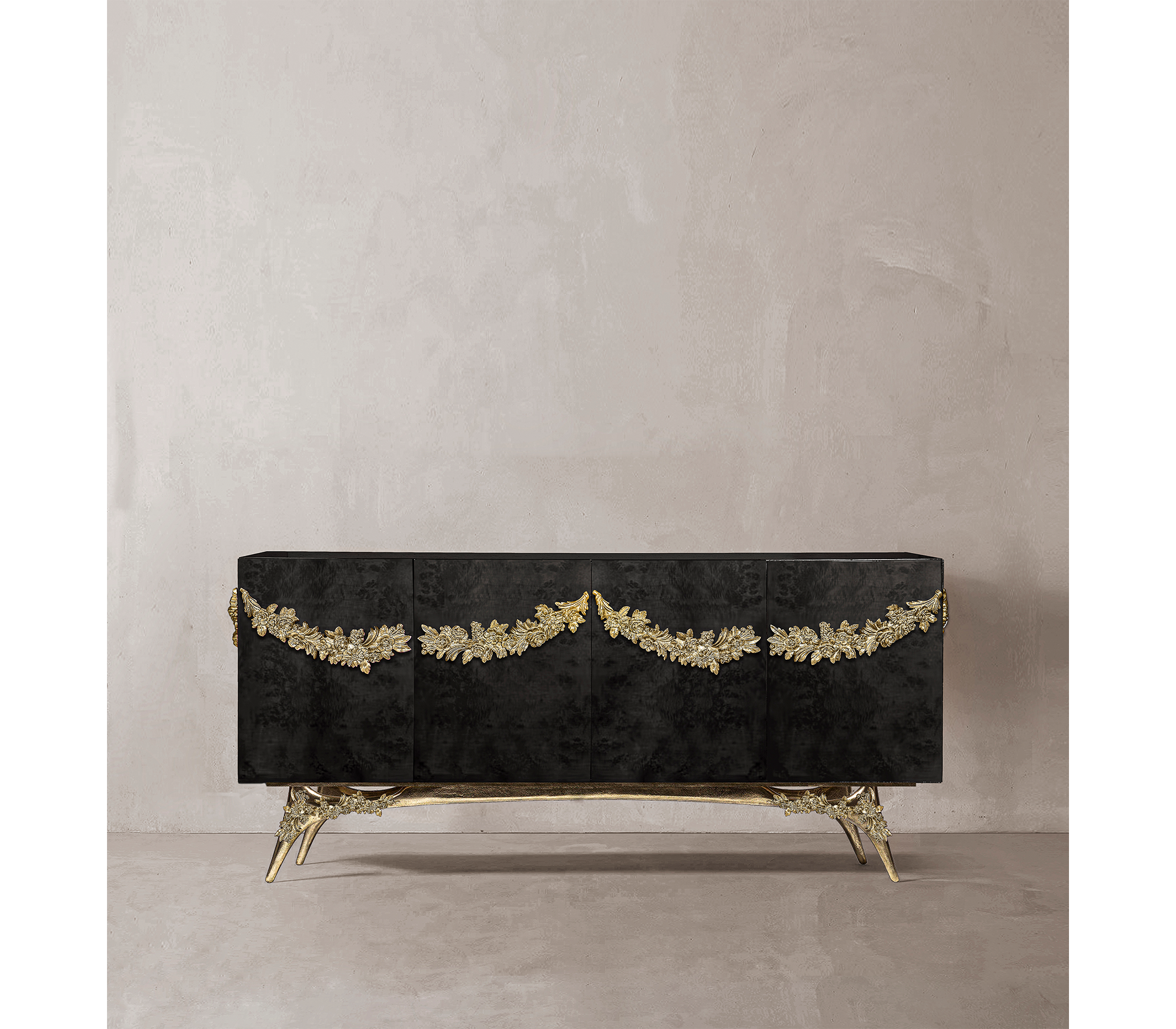 Luxury Walnut Burl Sideboard Buffet Cabinet with Hand-Carved Floral Doors & Storage