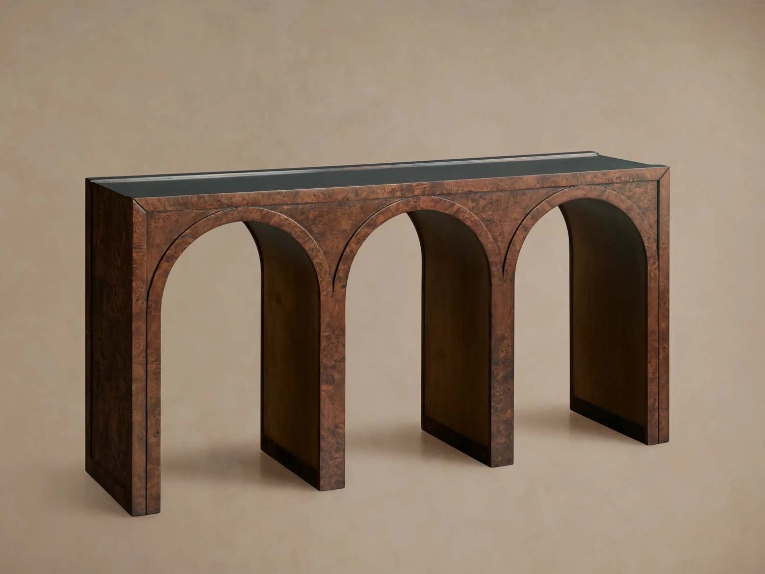 Hattie Wood Console Entryway Table with Natural Burl Veneers Arch Design Hallway Entrance Table