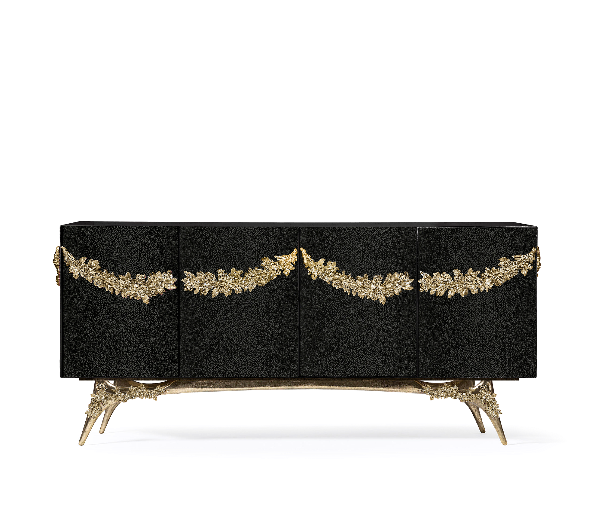 Luxury Walnut Burl Sideboard Buffet Cabinet with Hand-Carved Floral Doors & Storage