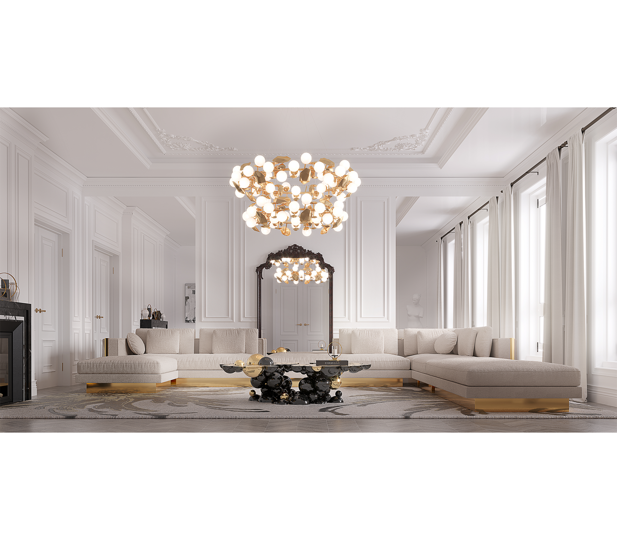 Luxury Modular Sofa with Karst-Inspired Sculptural Design & Polished Brass Frame