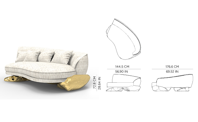 Luxury Sculptural Curved Sofa with Polished Hammered Brass Base & Organic Design