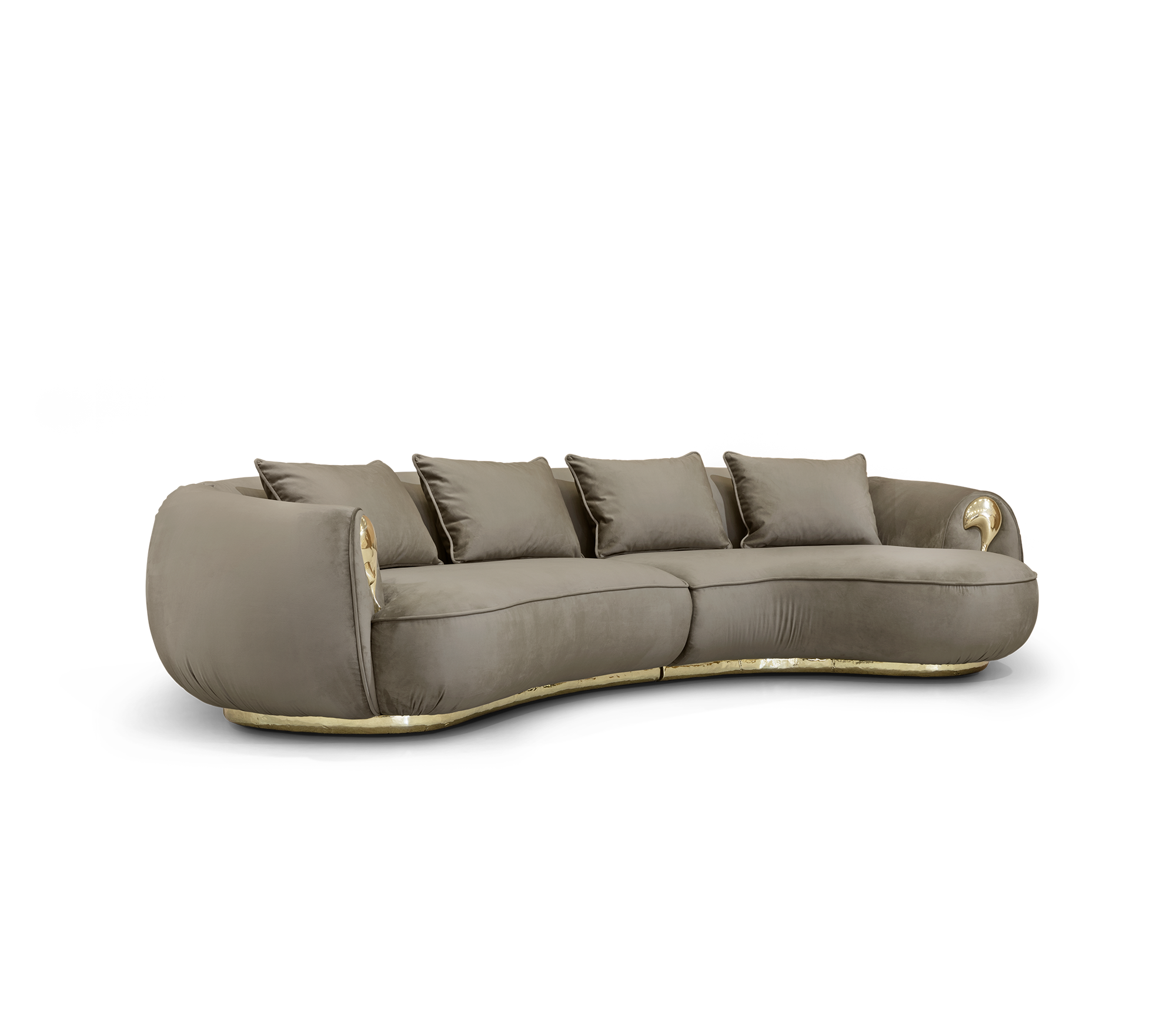 Luxury Curved Sofa with Hand-Hammered Polished Brass Base & Cream Upholstery Design