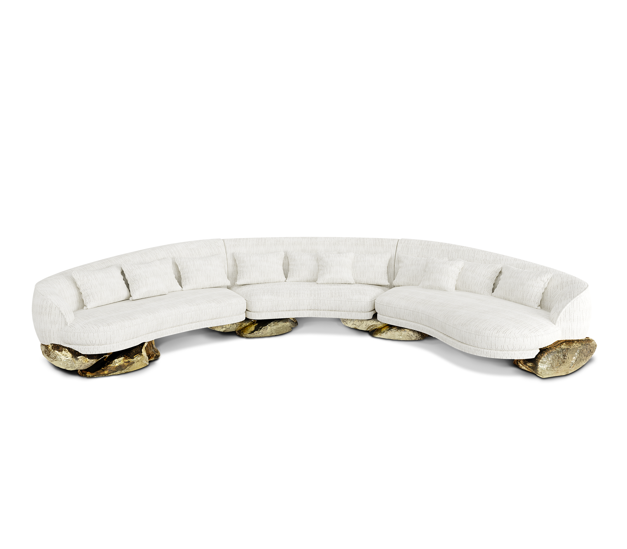 Luxury Sculptural Curved Sofa with Polished Hammered Brass Base & Organic Design