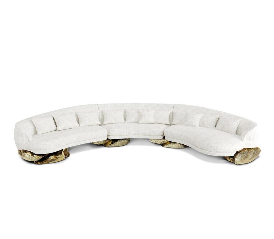 Luxury Sculptural Curved Sofa with Polished Hammered Brass Base & Organic Design