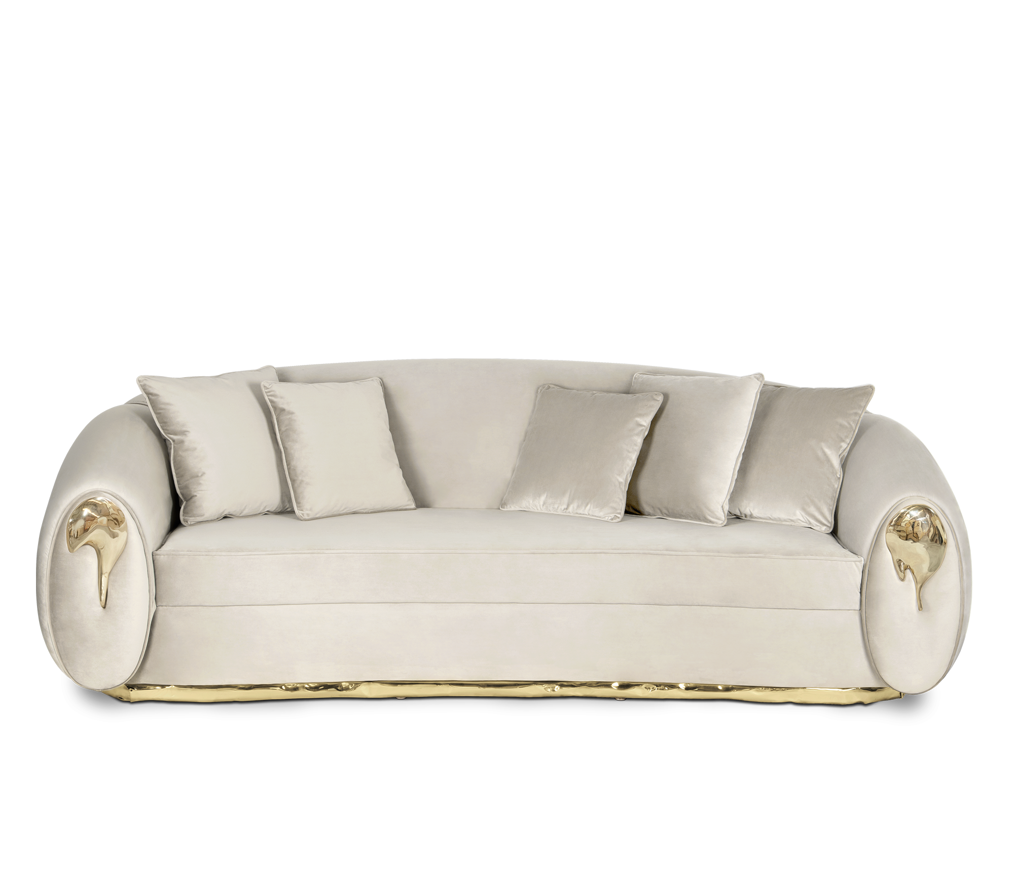 Luxury Curved Sofa with Hand-Hammered Polished Brass Base & Cream Upholstery Design