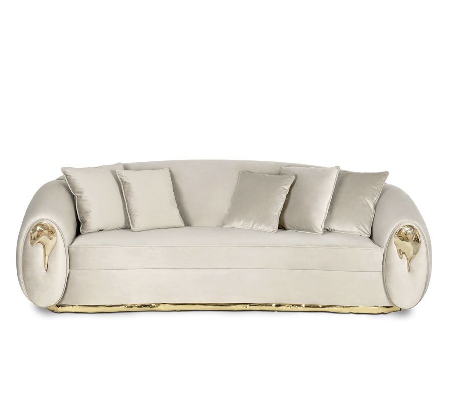 Luxury Curved Sofa with Hand-Hammered Polished Brass Base & Cream Upholstery Design