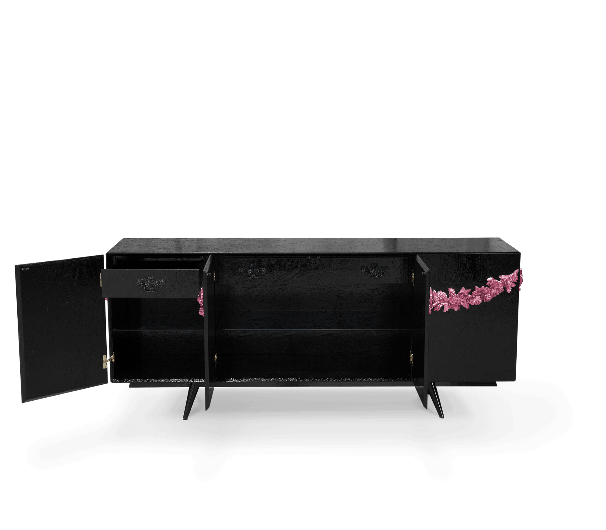 Luxury Black Sideboard Buffet Cabinet with Floral Carved Details & Storage