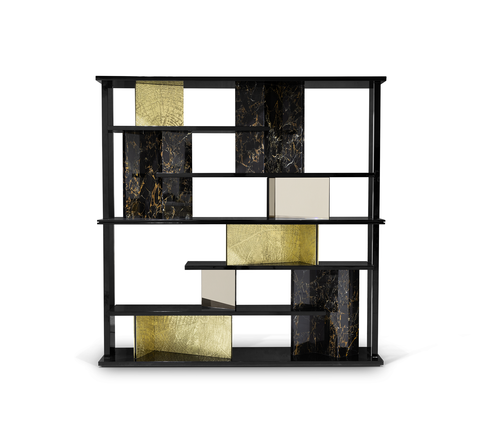 Luxury Double-Sided Bookcase with LED Lighting, Marble Shelves & Display Storage