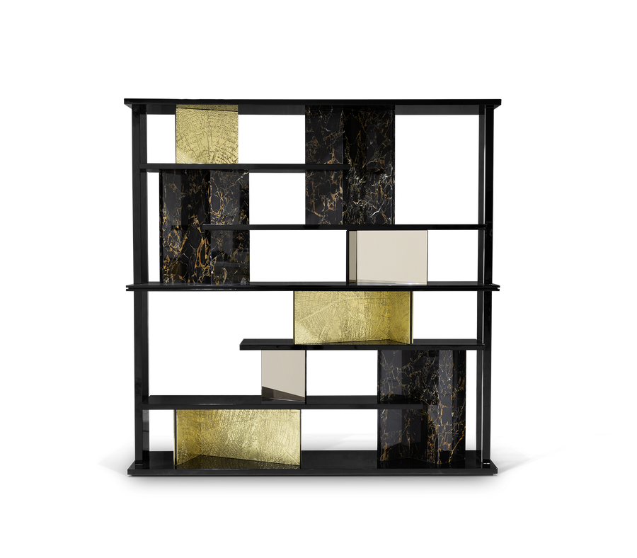 Luxury Double-Sided Bookcase with LED Lighting, Marble Shelves & Display Storage