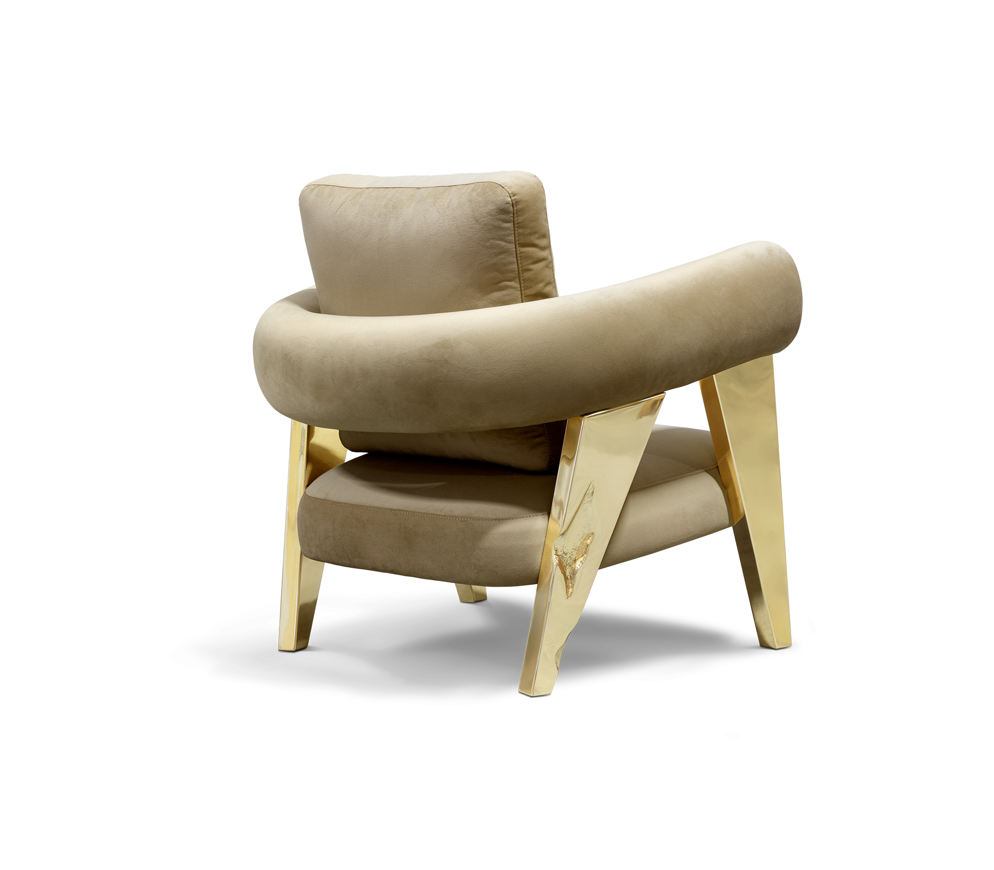 Luxury Sculptural Armchair with Polished Hammered Brass Legs & Curved Upholstery Design