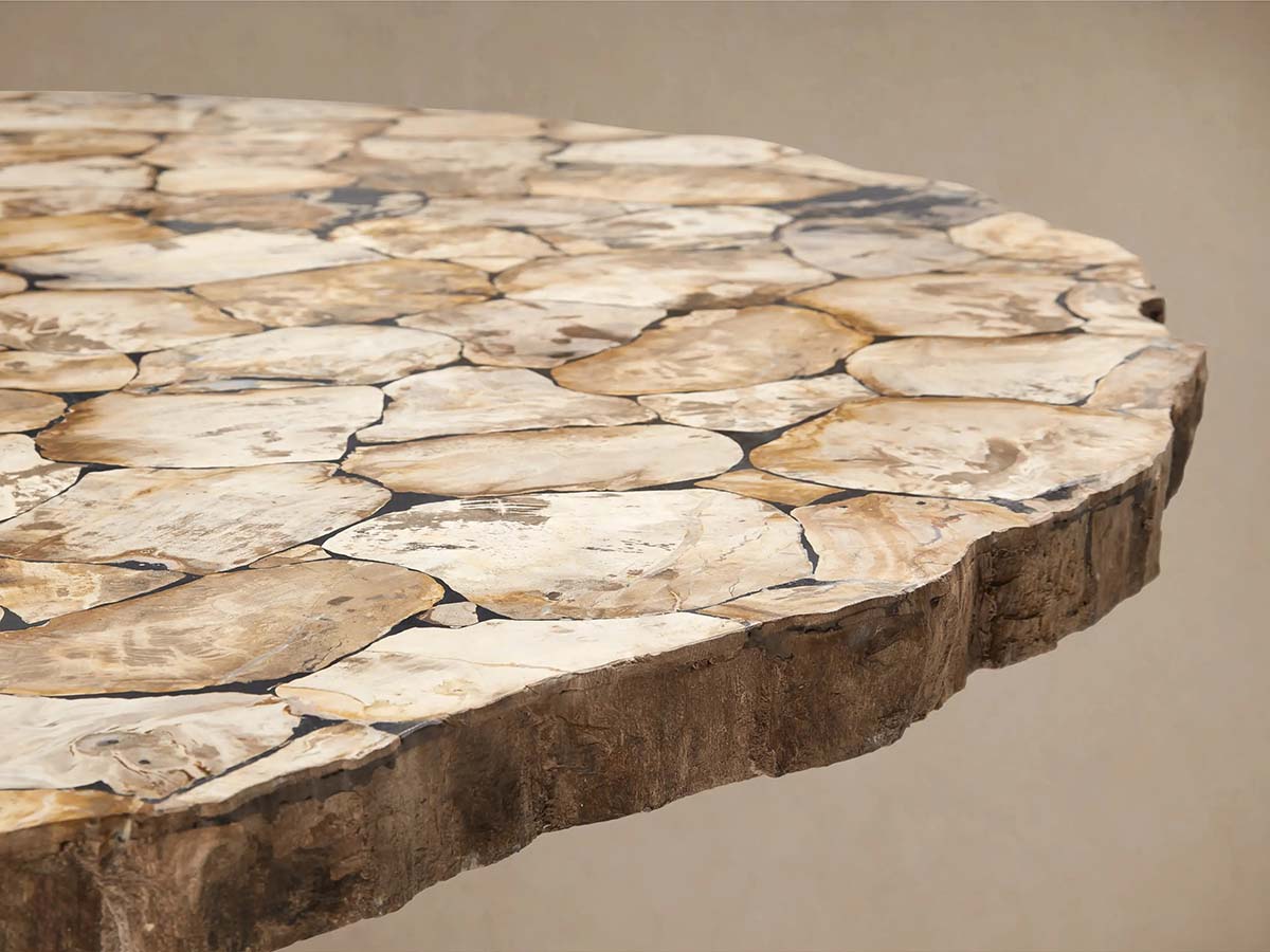 Petra Round Dining Table with Petrified Wood/Natural Stone and Iron Base