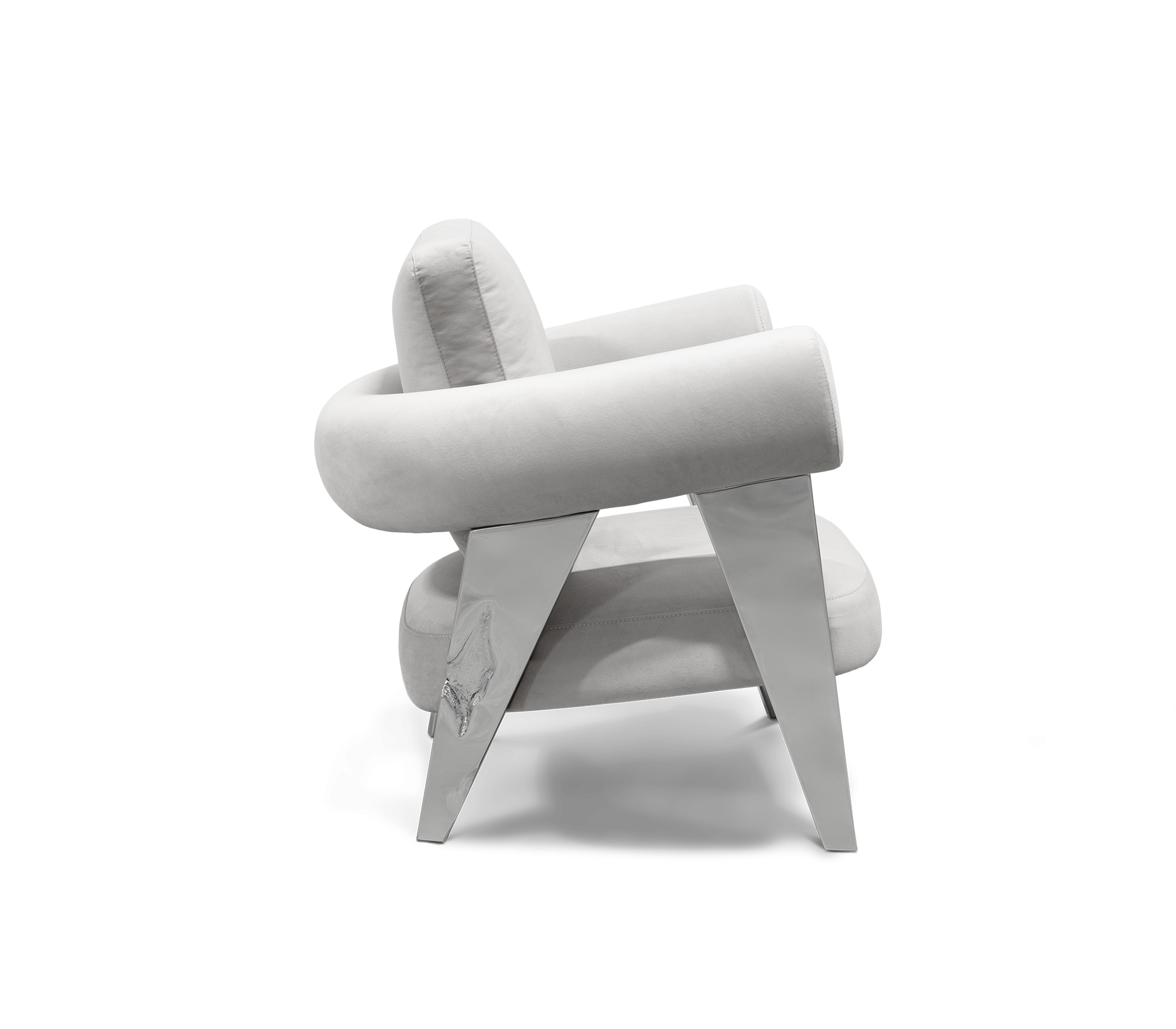 Luxury Sculptural Armchair with Polished Hammered Brass Legs & Curved Upholstery Design