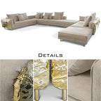 Luxury Imperfect Sculptural L-Shaped Modular Sofa with Ottoman & Polished Brass Design