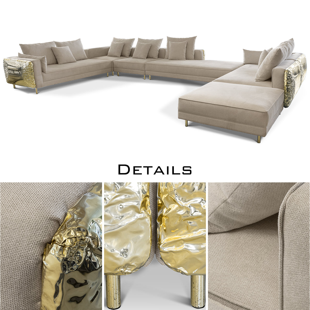 Luxury Imperfect Sculptural L-Shaped Modular Sofa with Ottoman & Polished Brass Design