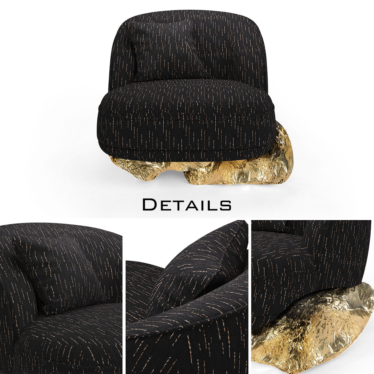 Luxury Sculptural Armchair with Polished Hammered Brass Base & Organic Curved Design