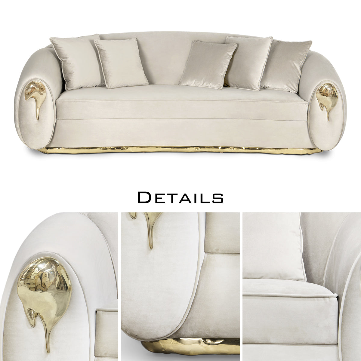 Luxury Curved Sofa with Hand-Hammered Polished Brass Base & Cream Upholstery Design