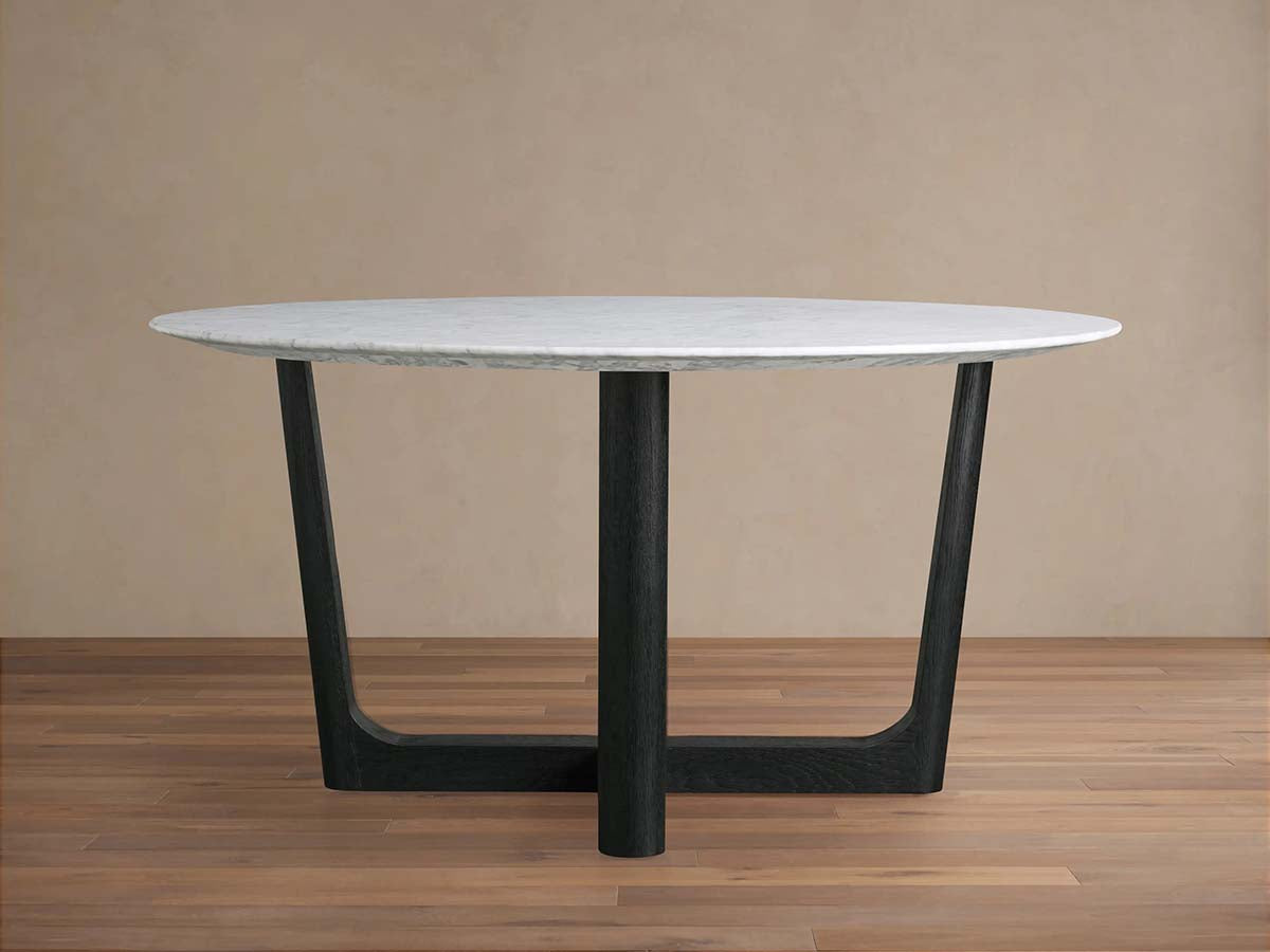 Saint Germain Round Stone Dining Table with Carrara Marble Top Wood Rennes Base