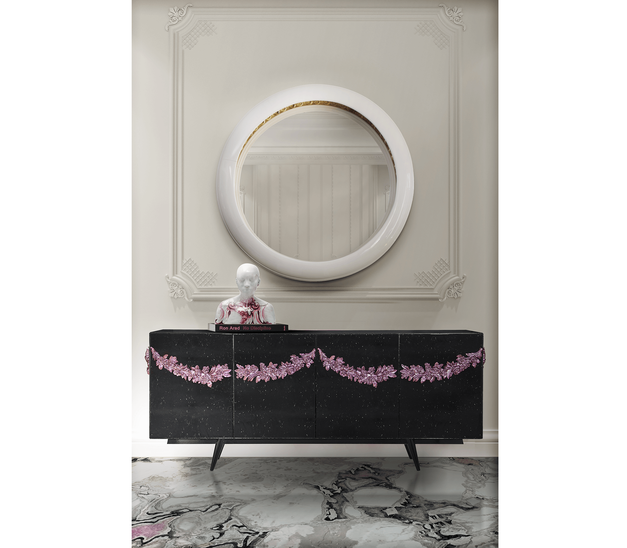 Luxury Black Sideboard Buffet Cabinet with Floral Carved Details & Storage