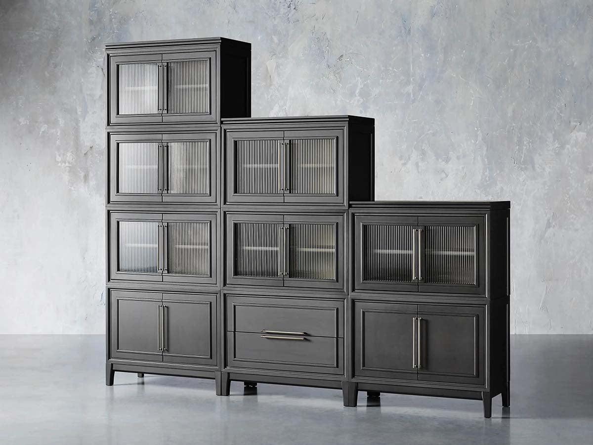 Rowan Modular Wall Unit Storage System Wood Tall Display Cabinet with Reeded Glass Doors