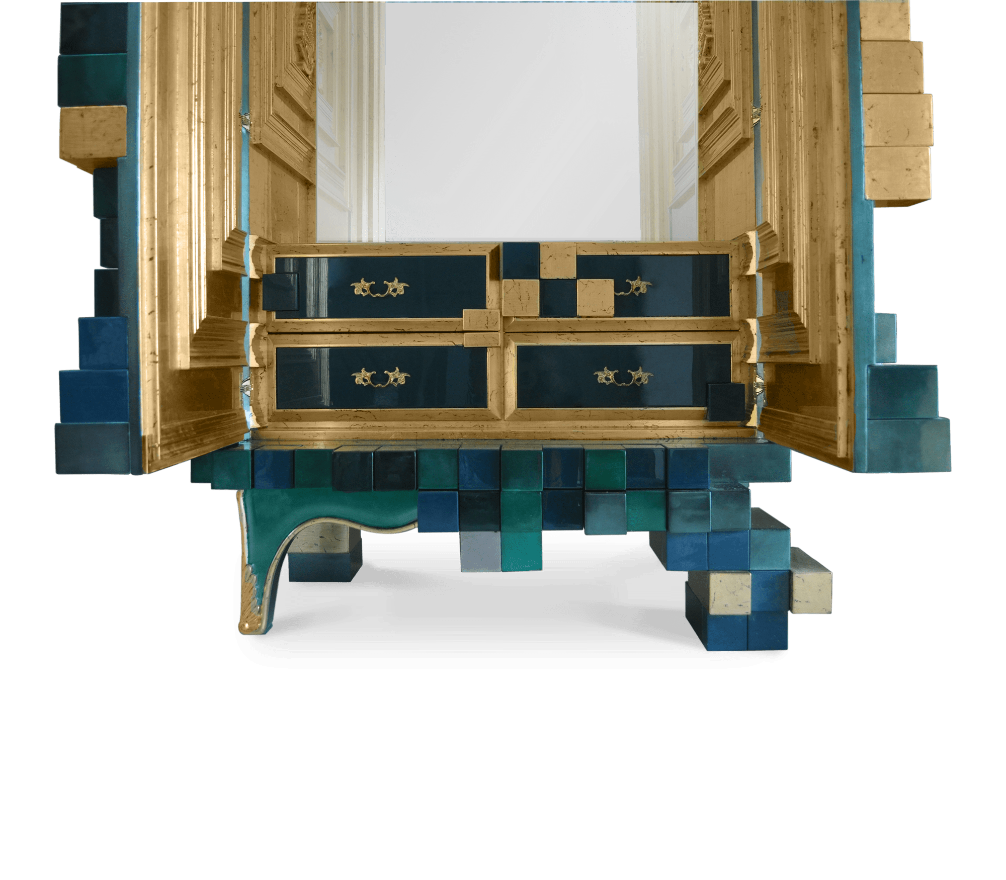 Luxury Display Cabinet with Geometric Pixel Design, Glass Shelves & Storage