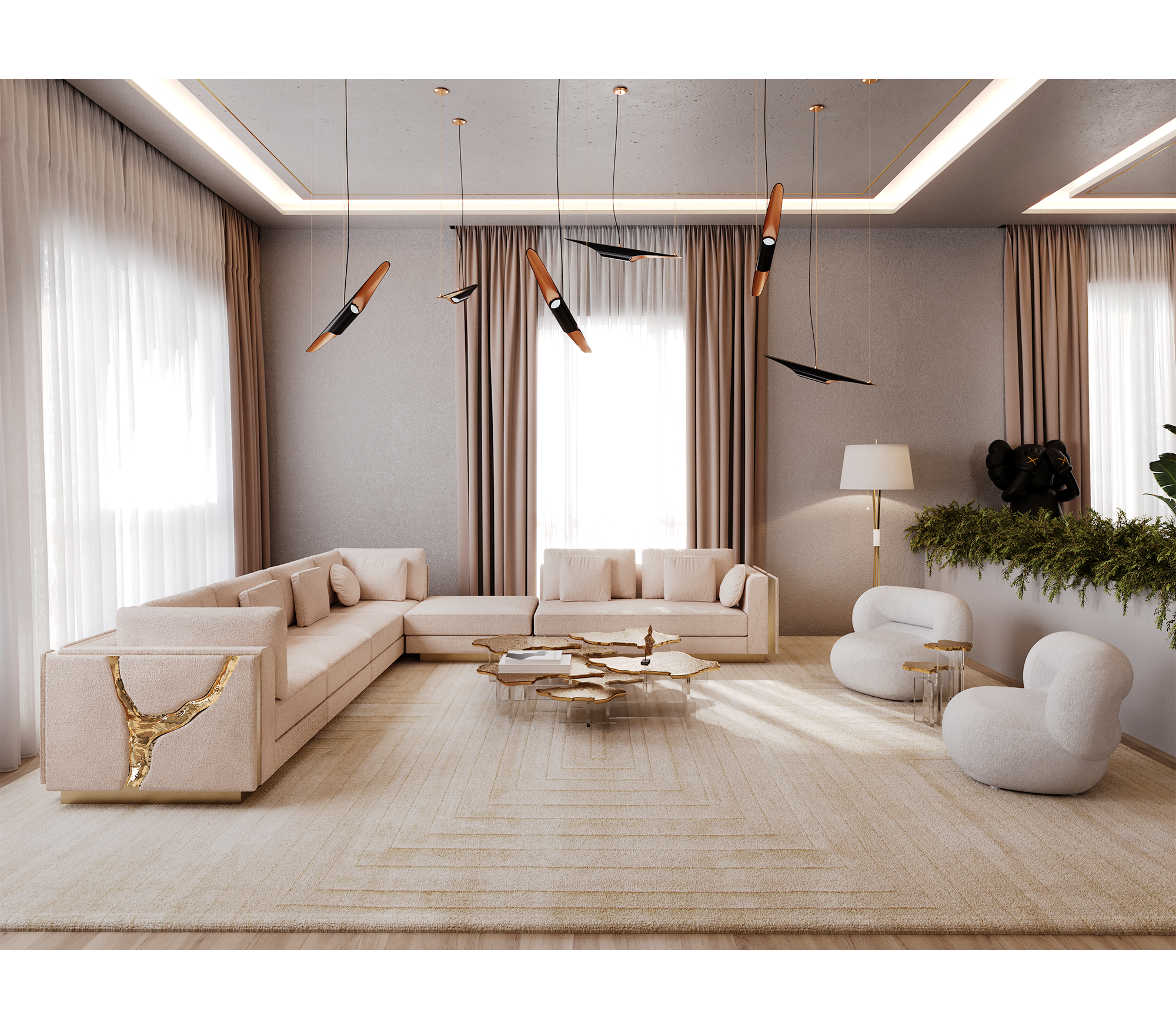Luxury Modular Sofa with Karst-Inspired Sculptural Design & Polished Brass Frame