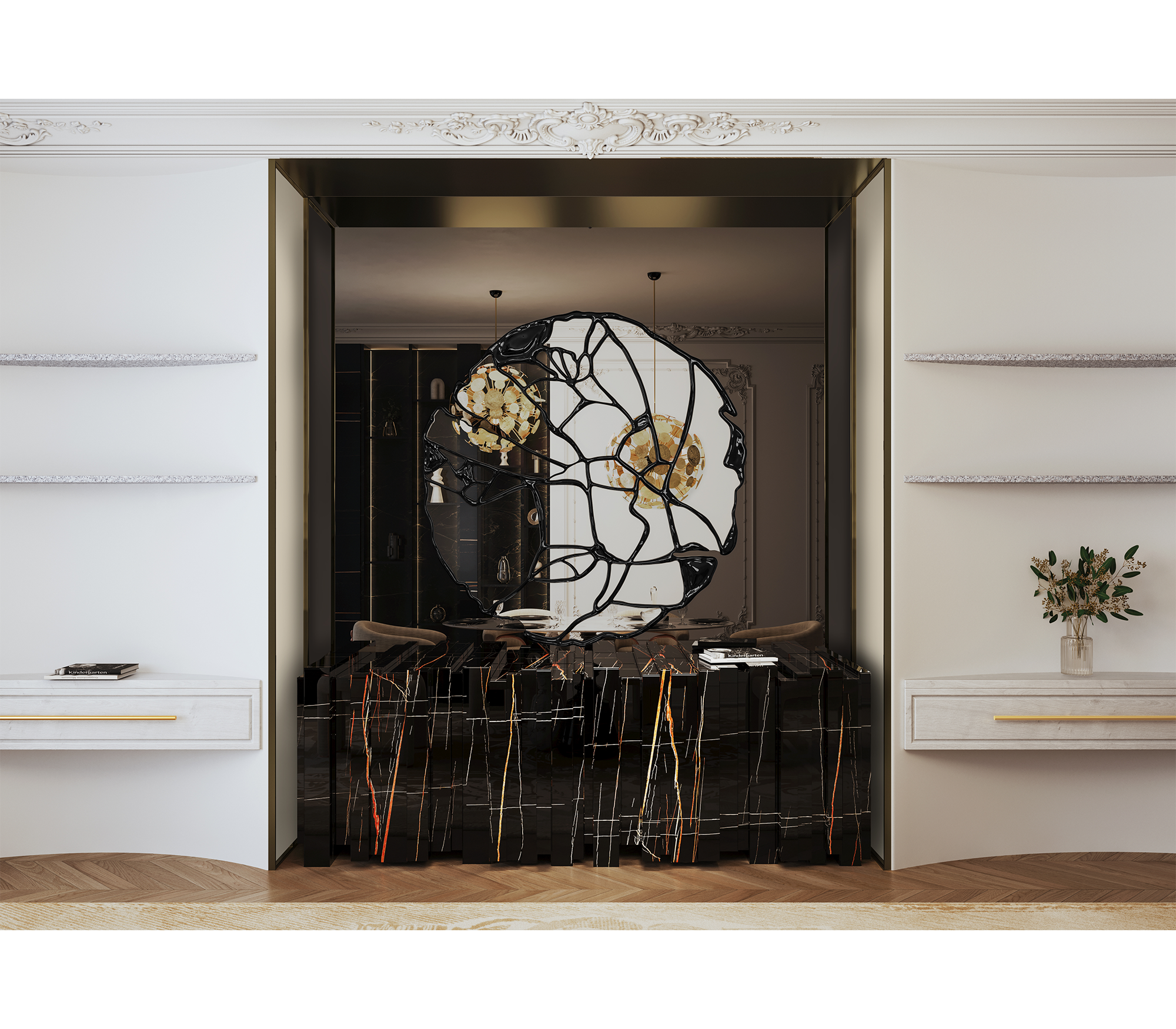 Luxury Sculptural Sideboard Cabinet with Black Gold Finish & Hidden Storage