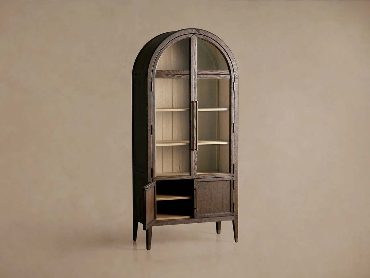 Hattie Glass Tall Display Cabinet Oak Wood Living Room Storage Cabinet Hattie Glass Tall Display Cabinet Arched with Solid Oak Wood Living Room Storage Cabinet