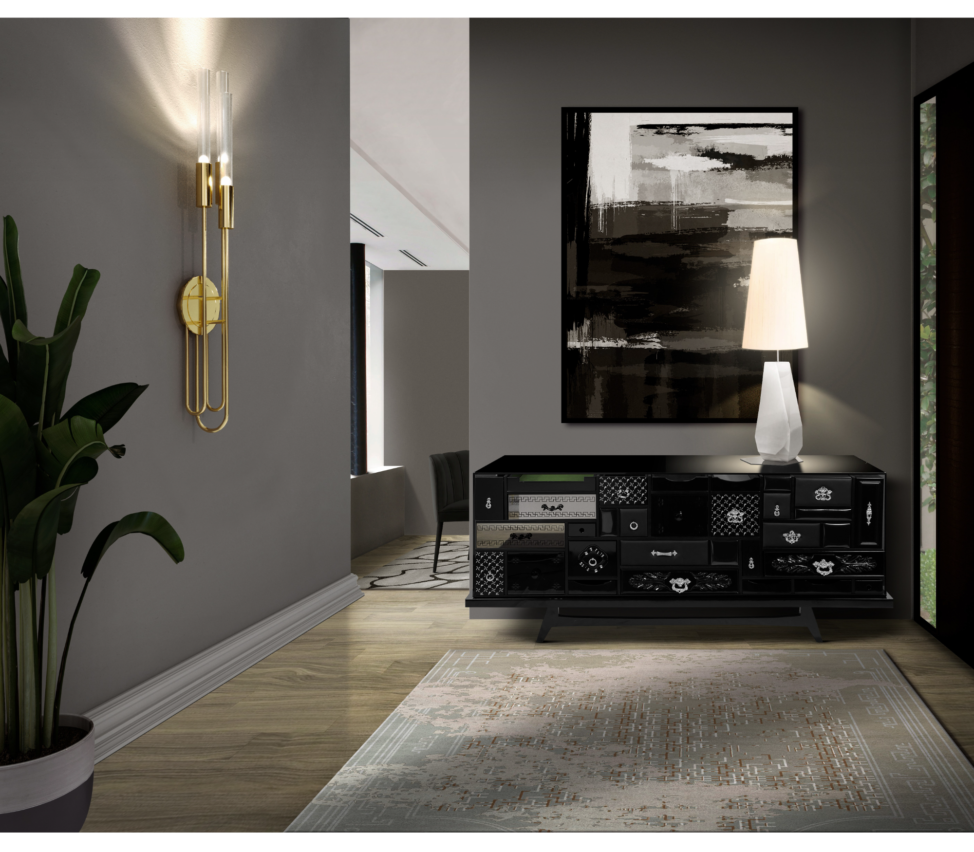 Luxury Black Sideboard Cabinet with Geometric Design & Hidden Storage