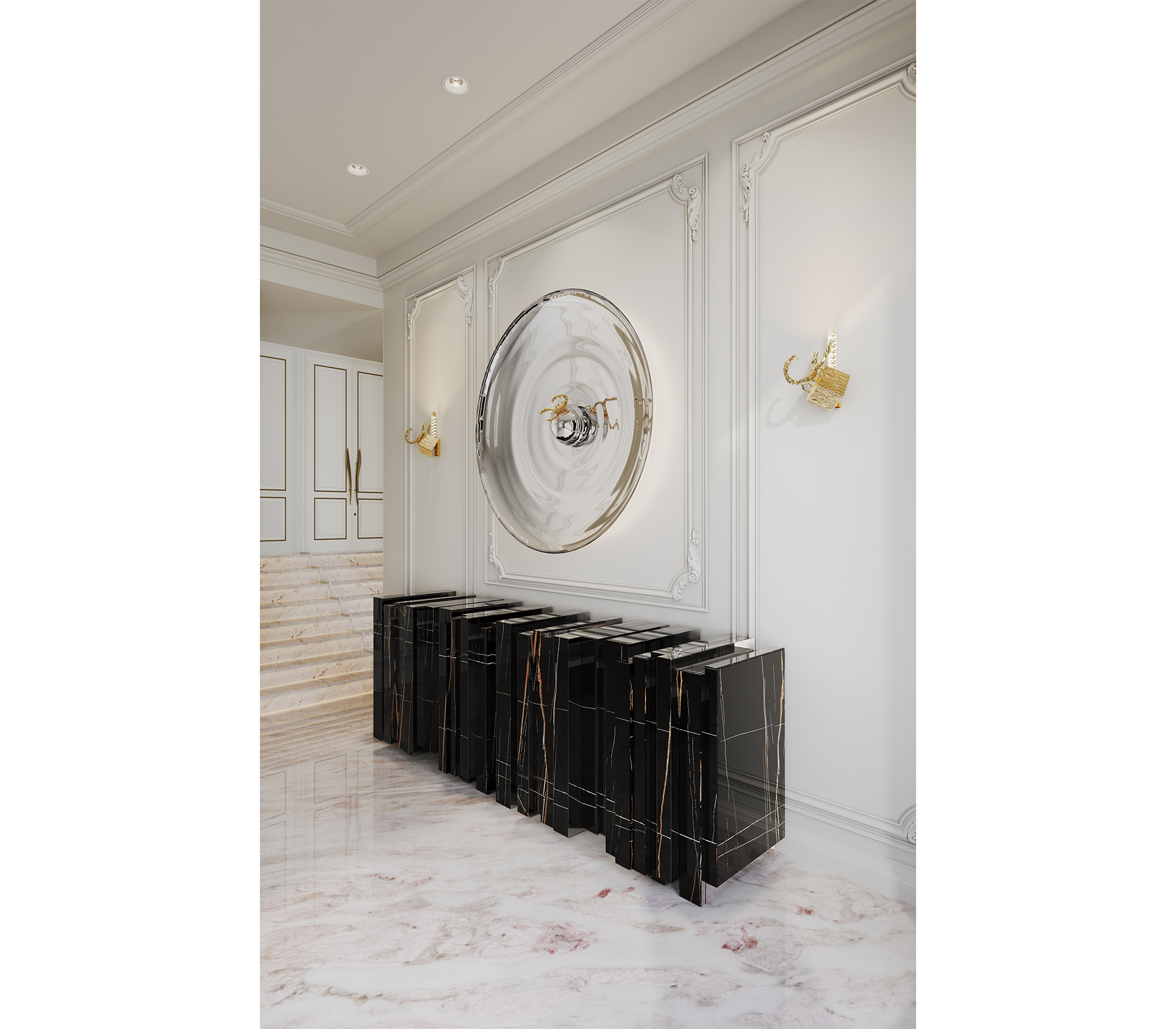 Luxury Sculptural Sideboard Cabinet with Black Gold Finish & Hidden Storage