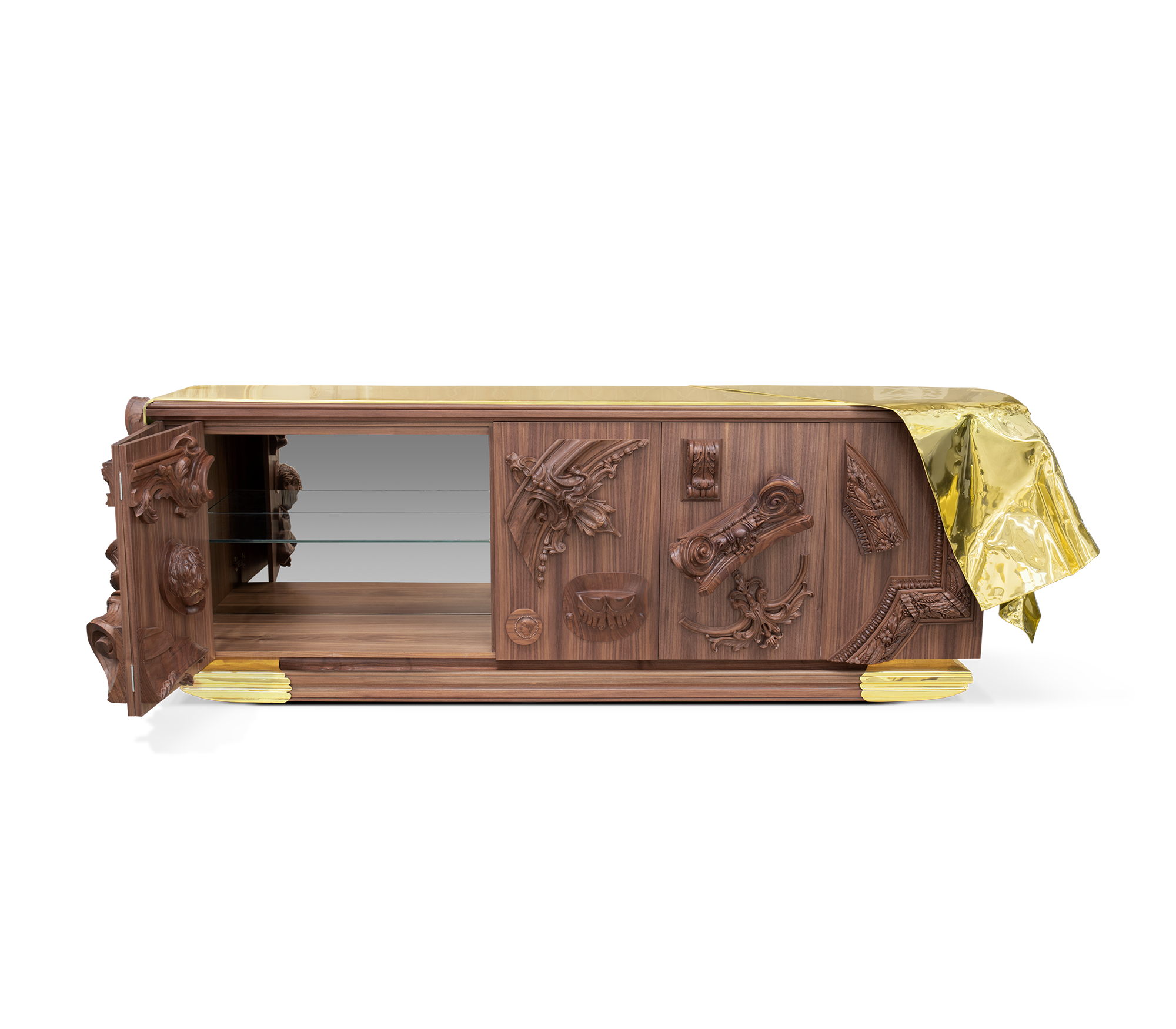 Luxury Black Sideboard Buffet Cabinet with Gold Leaf Details & Hidden Storage