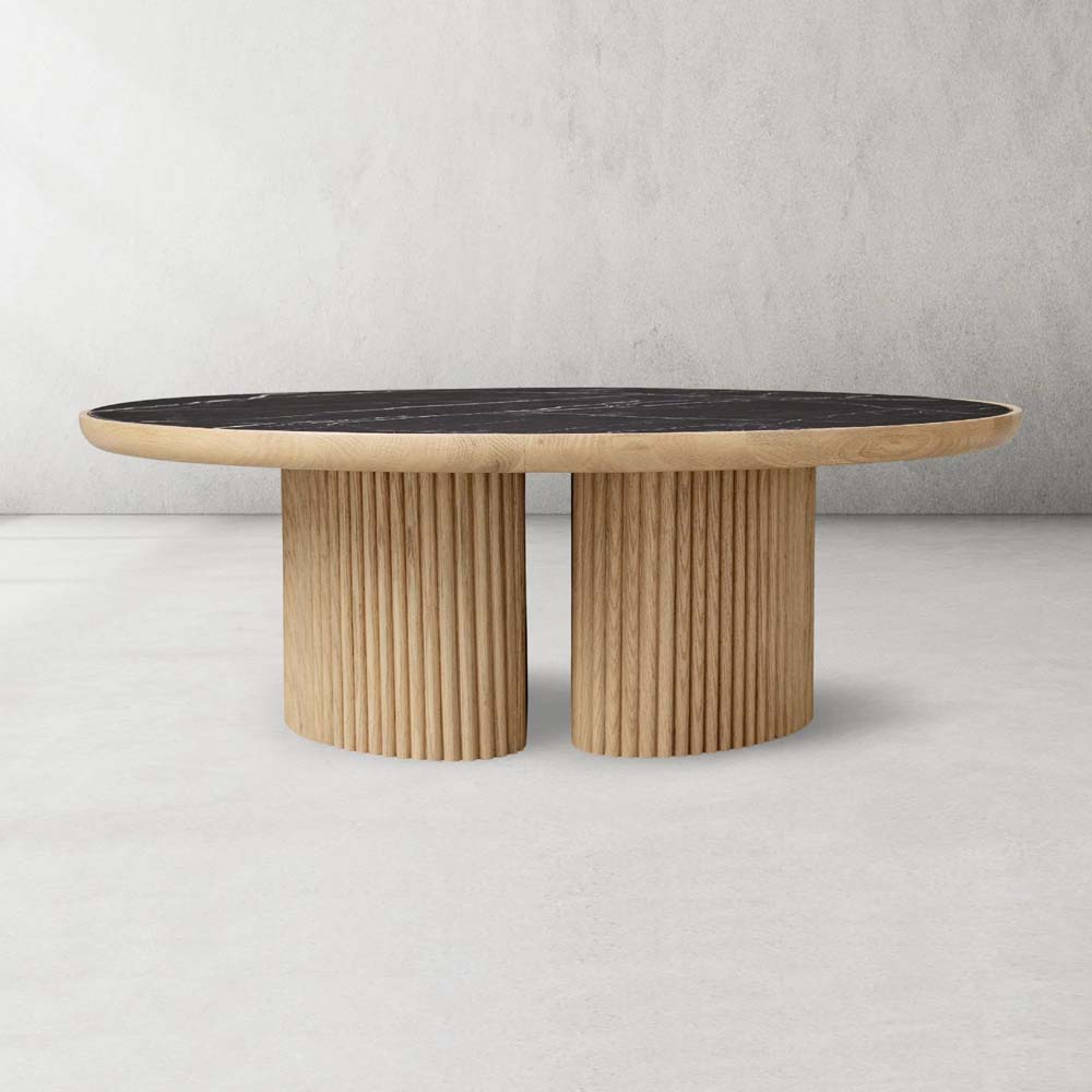 Astor Round Coffee Table Marble Top Oak Wood Base Sofa Center Tea Table