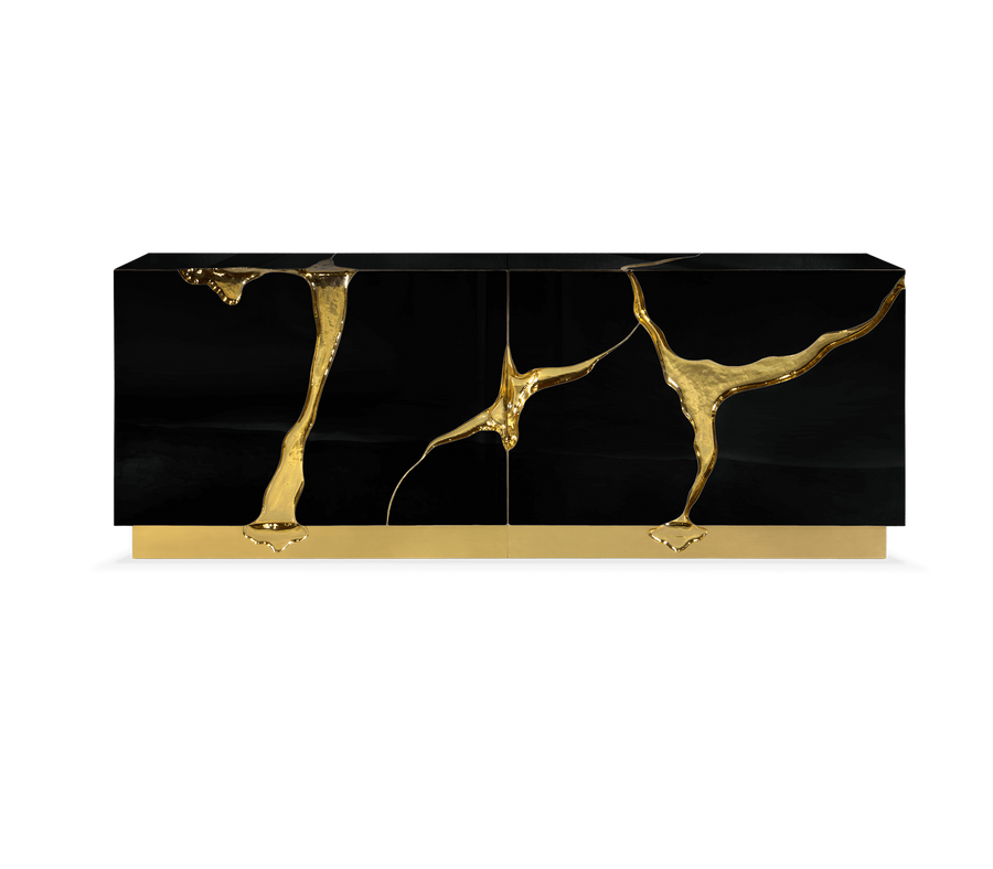 Luxury Black Gold Sideboard Cabinet with Sculptural Cracked Design