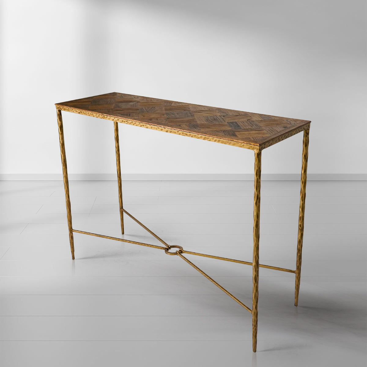 Thaddeus Metal Metal Frame Elm Wood Console Table Hand-Forged Entryways Entrance Table