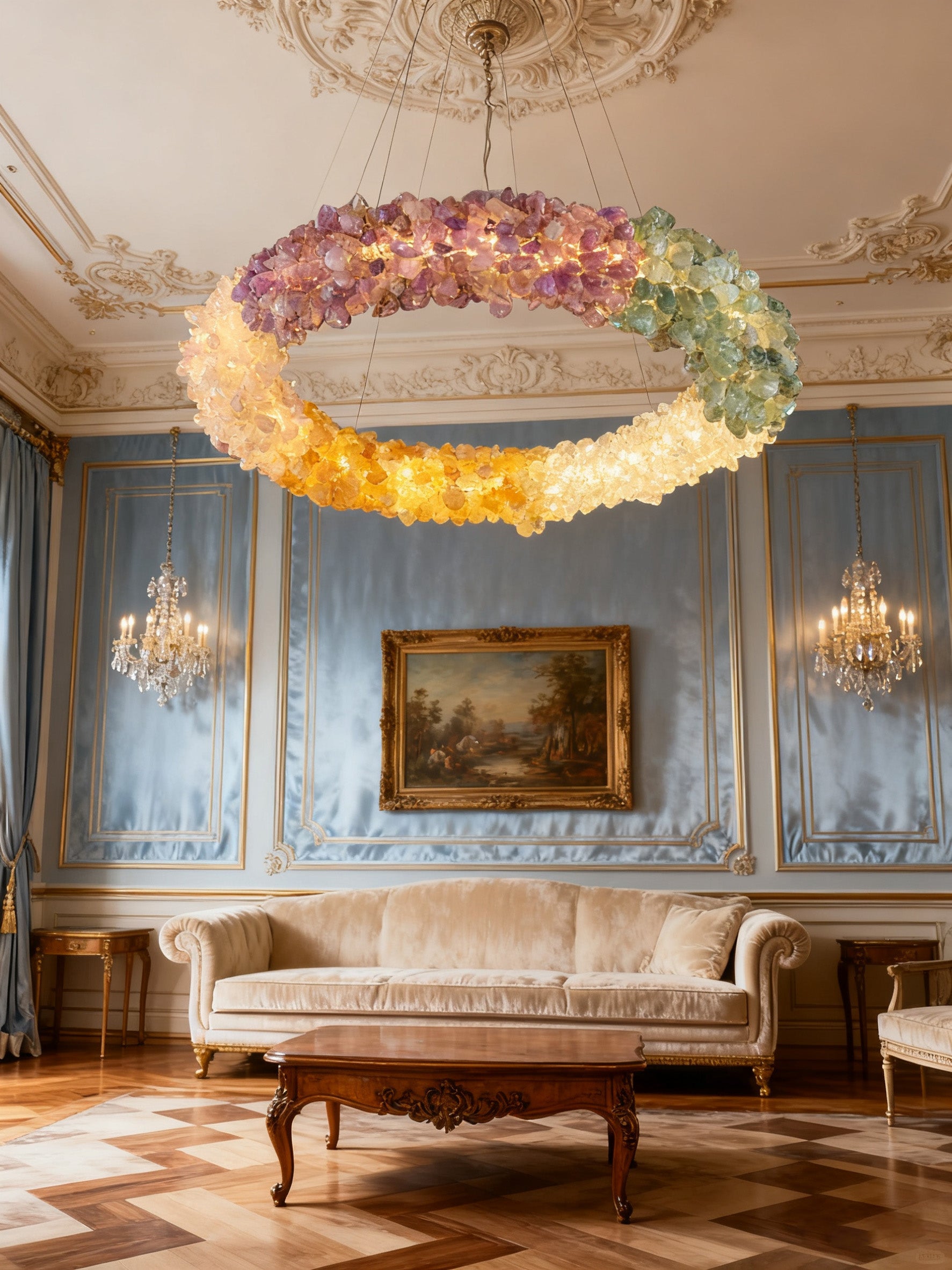 Natural crystal stone donut pendant light