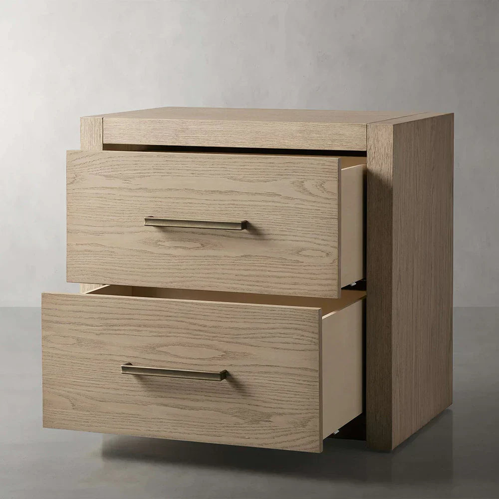 Bodhi Tall Nightstand with Solid White Oak Wood Nightside Table Bedside Two-Drawer Cabinet Rustic Style
