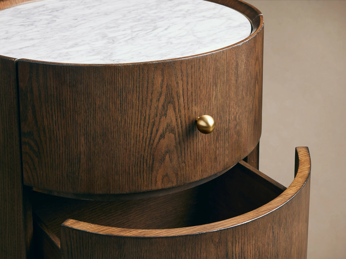 Ashbrook Round Nightstand Solid Oak Base Marble Bedside Table with 2 Soft-Close Drawers