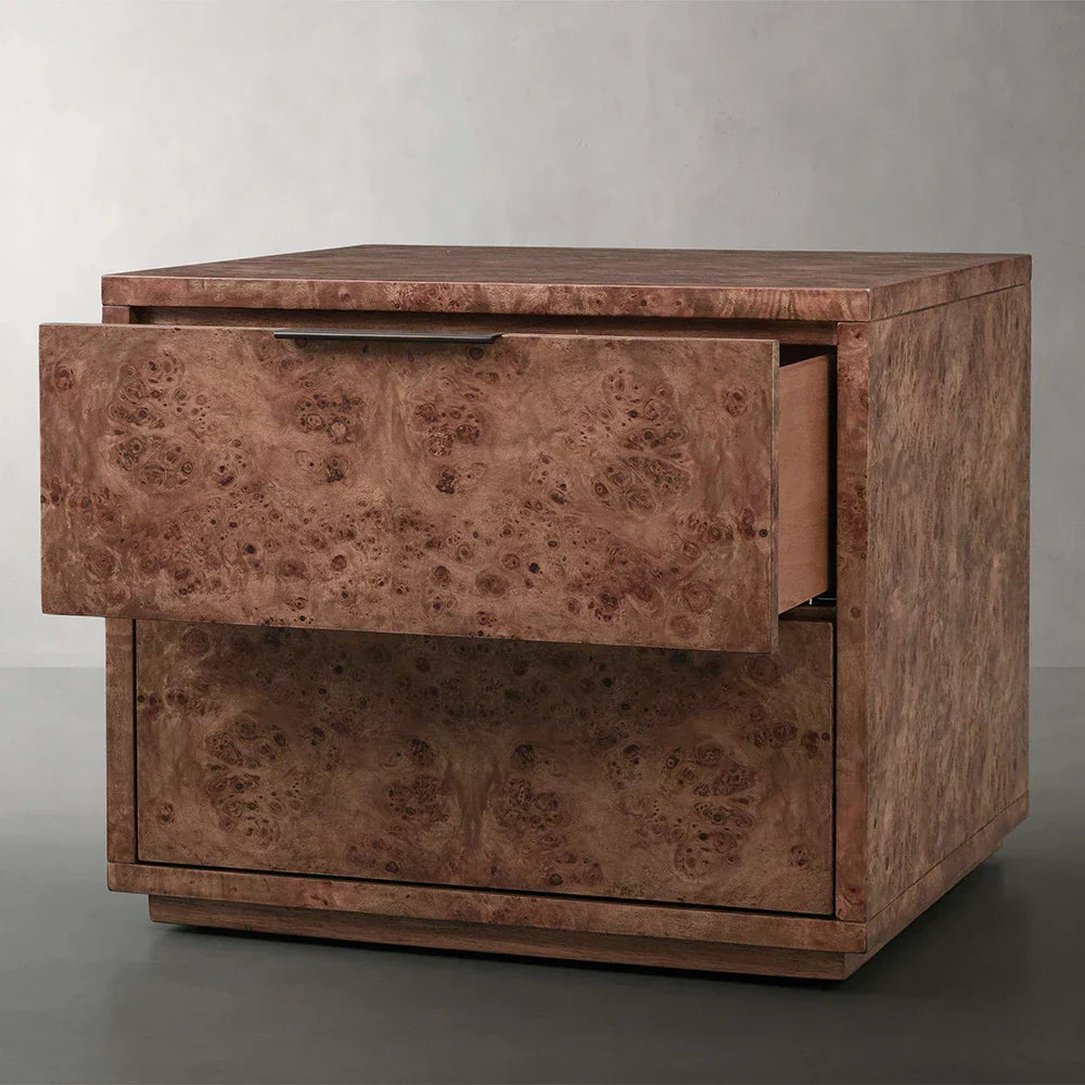 Corey Closed Nightstand with Mappa Burl Wood Bedside Nightside Table 2-Drawer Cabinet