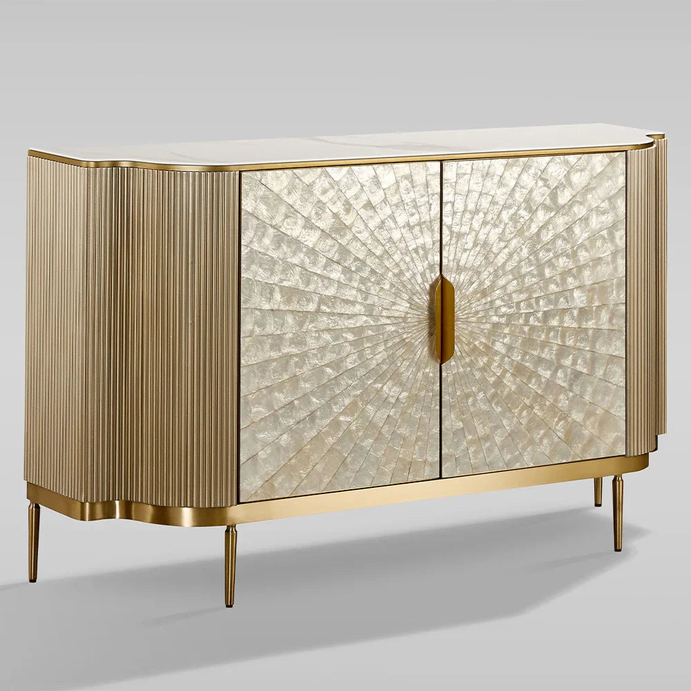Perla luxury Two-Door Buffet Cabinet Slate Stone Tabletop Sideboard With Mother-of-Pearl Door Panel