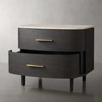 Danny Closed Nightstand with Marble Top Brass Pulls  Solid Oak Construction Bedside Nightside Table 2-Drawer Cabinet