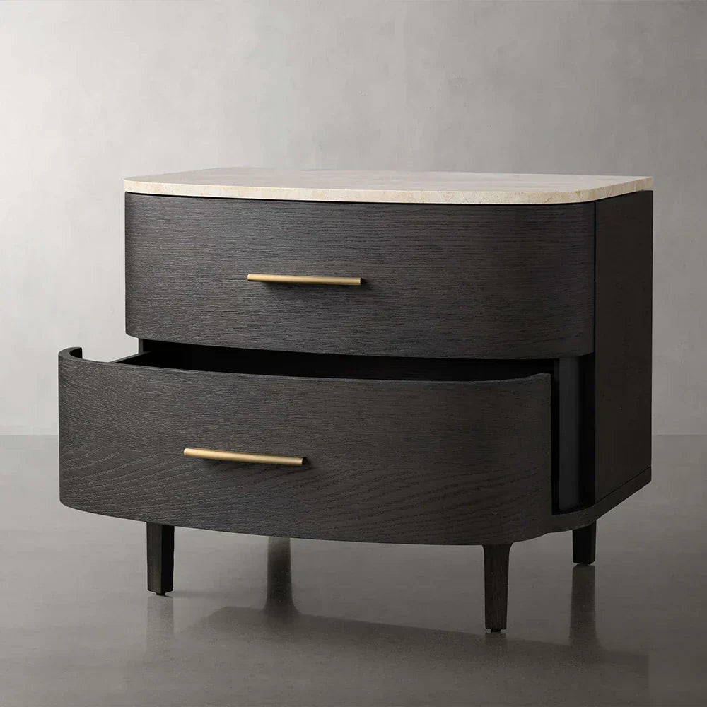 Danny Closed Nightstand with Marble Top Brass Pulls  Solid Oak Construction Bedside Nightside Table 2-Drawer Cabinet