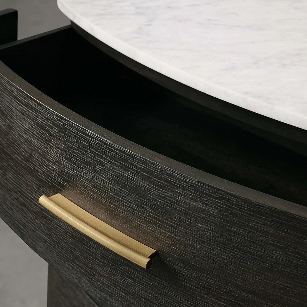 Danny Closed Nightstand with Marble Top Brass Pulls  Solid Oak Construction Bedside Nightside Table 2-Drawer Cabinet