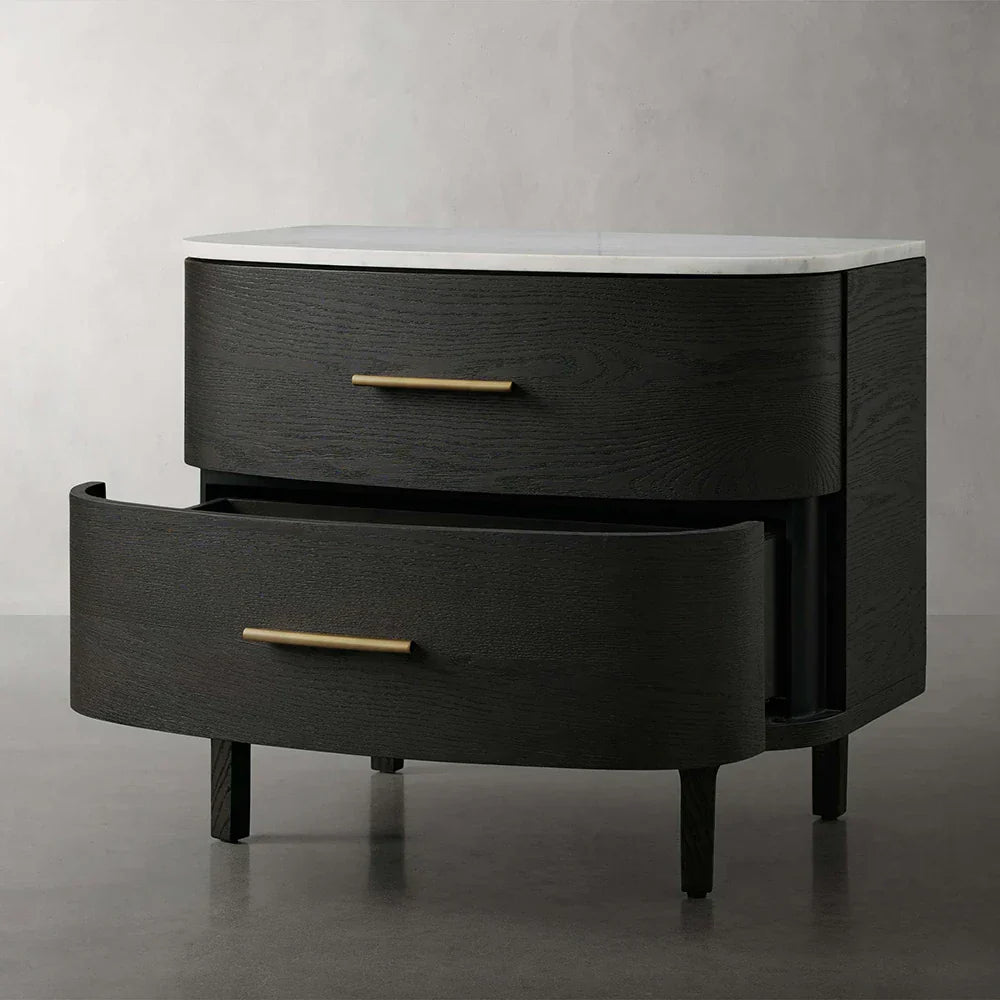 Danny Closed Nightstand with Marble Top Brass Pulls  Solid Oak Construction Bedside Nightside Table 2-Drawer Cabinet
