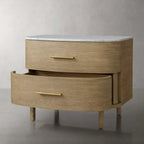 Danny Closed Nightstand with Marble Top Brass Pulls  Solid Oak Construction Bedside Nightside Table 2-Drawer Cabinet