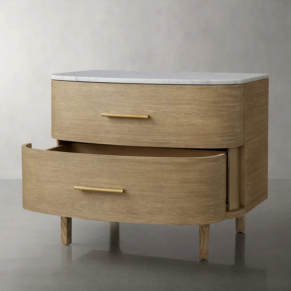 Danny Closed Nightstand with Marble Top Brass Pulls  Solid Oak Construction Bedside Nightside Table 2-Drawer Cabinet