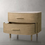 Danny Closed Nightstand with Marble Top Brass Pulls  Solid Oak Construction Bedside Nightside Table 2-Drawer Cabinet