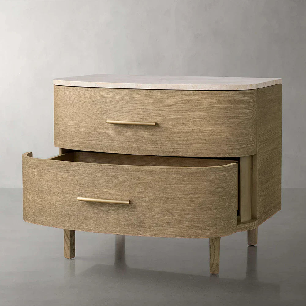 Danny Closed Nightstand with Marble Top Brass Pulls  Solid Oak Construction Bedside Nightside Table 2-Drawer Cabinet